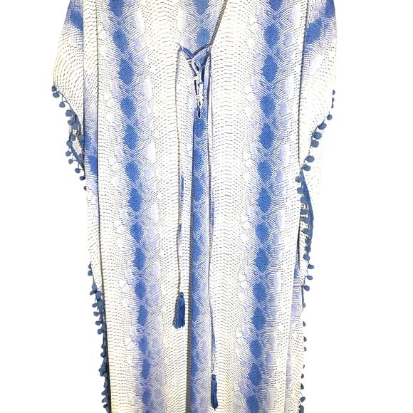 Buddy Love Snake Print Maxi Caftan M Blue White Pom Pom Trim - Picture 3 of 8
